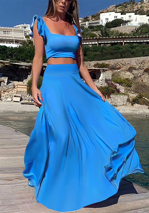 Women sexy and elegant lace Solid Sleeveless Top and Long Skirt Two-piece Set