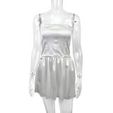 Spring Sweet Elegant Slim Waist Satin Strapless Bubble Short Dress