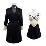 Deep V neck Lace Bow Satin Night Dress Robe Two Piece Sleepwear Set