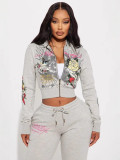 Women street casual print zipper hooded Print Top and Pants two-piece set