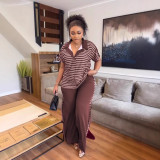 Fashion Casual Summer Short-Sleeve Striped Print Two-Piece Pants Set