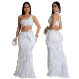 Women sleeveless one-shoulder Crop Top and sexy Bodycon skirt two-piece set