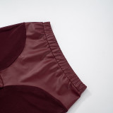 Spring & Summer Women's Solid Color Elastic Waist See-Through Mesh Leather Patchwork Tight-Fitting Knee-Length Shorts