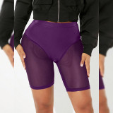 Spring & Summer Women's Solid Color Elastic Waist See-Through Mesh Leather Patchwork Tight-Fitting Knee-Length Shorts