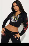 Women street casual print zipper hooded Print Top and Pants two-piece set