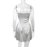 Spring Sweet Elegant Slim Waist Satin Strapless Bubble Short Dress