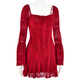 Spring Sexy Lace Bell Sleeve Long-Sleeve Low Back Bodycon Short Dress