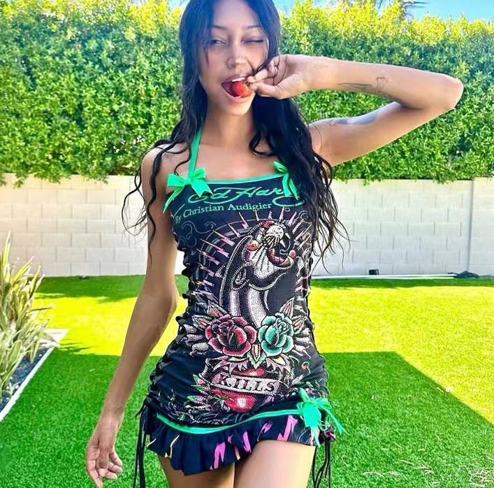 Retro Print Drawstring Strapless Dress for Summer Vacations