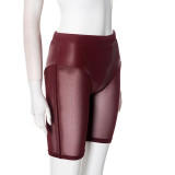 Spring & Summer Women's Solid Color Elastic Waist See-Through Mesh Leather Patchwork Tight-Fitting Knee-Length Shorts