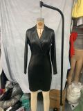 V-Neck Slim Sexy Long-Sleeve PU Leather Dress