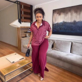 Fashion Casual Summer Short-Sleeve Striped Print Two-Piece Pants Set