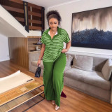Fashion Casual Summer Short-Sleeve Striped Print Two-Piece Pants Set