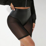 Spring & Summer Women's Solid Color Elastic Waist See-Through Mesh Leather Patchwork Tight-Fitting Knee-Length Shorts