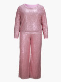 Women's Fashion Elegant Plus Size Round Neck Long-Sleeve Sequin Party Two Piece Pants Set
