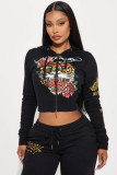 Women street casual print zipper hooded Print Top and Pants two-piece set