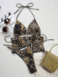 Leopard Print Lace-Up Bikini Swimsuit for Women