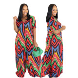 Women summer Casual Holidays contrast color printed V-neck wide-leg Jumpsuit