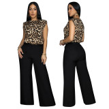 Leopard Print Sleeveless Top Straight Pants Casual Two-Piece Set