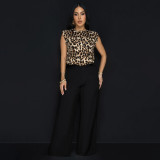 Leopard Print Sleeveless Top Straight Pants Casual Two-Piece Set