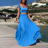 Women sexy and elegant lace Solid Sleeveless Top and Long Skirt Two-piece Set