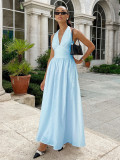 Women's Spring Summer Halter V-Neck Lace-Up Backless Long Swing Dress