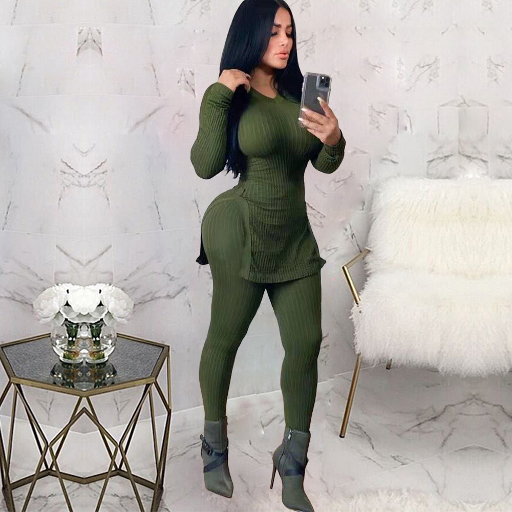 Women slit Ribbed sexy Top and Pant two-piece set