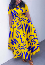 Women's Belt African Print Short-Sleeve A-line Dress