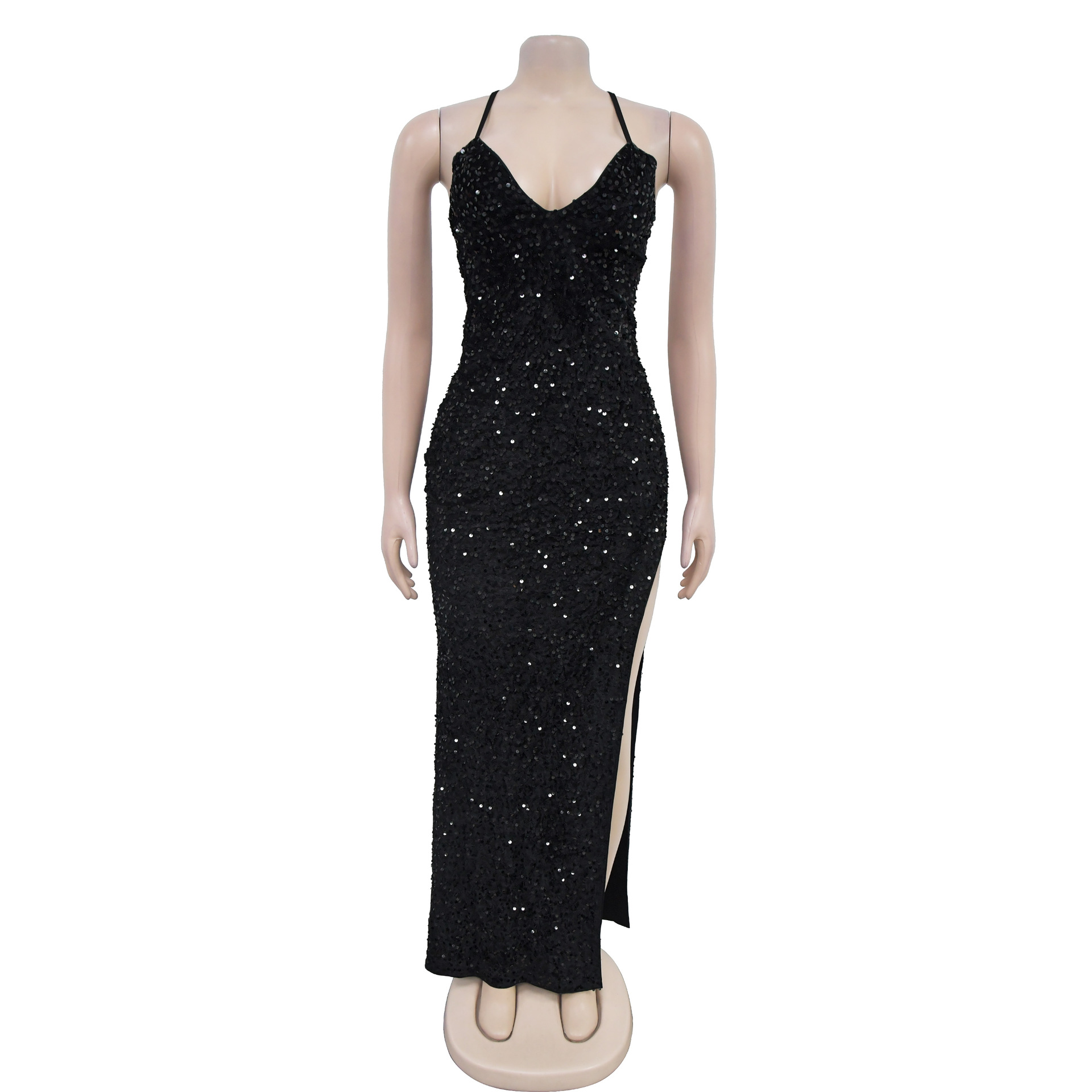 Women's Fashion Sequin Strap Backless Slit Evening Dress