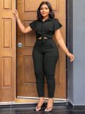 Women's Two-Piece Ruffle Sleeve Lace-Up Shirt Waist Elastic Trousers Set