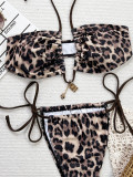 Leopard Print Halter Neck Lace-Up Bikini Set