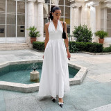 Women's Spring Summer Halter V-Neck Lace-Up Backless Long Swing Dress