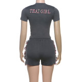 Women spring Summer sexy embroidered Top Solid and shorts two-piece set