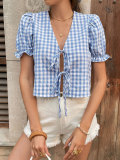 Women's Summer Bow Tie Plaid Casual Top
