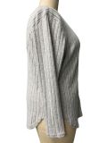 Women's Autumn Winter Solid Color Ribbed V-Neck Plus Size Pullover Top