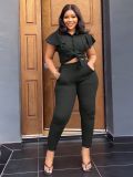 Women's Two-Piece Ruffle Sleeve Lace-Up Shirt Waist Elastic Trousers Set
