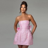 Women's Summer Solid Color Jacquard Strapless Bow Party Dress