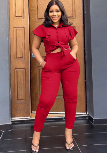 Women's Two-Piece Ruffle Sleeve Lace-Up Shirt Waist Elastic Trousers Set