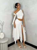 Women's Casual Slash Shoulder Top Slit Skirt Two-Piece Set