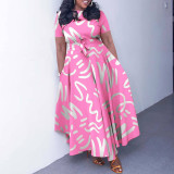 Women's Belt African Print Short-Sleeve A-line Dress