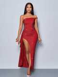 Asymmetric Straps High Slit Ruffled Long Dress