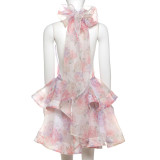 Women's Spring Printed Halter Neck Backless A-line Mini Dress