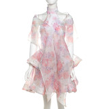 Women's Spring Printed Halter Neck Backless A-line Mini Dress