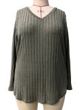Women's Autumn Winter Solid Color Ribbed V-Neck Plus Size Pullover Top
