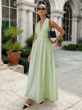 Women's Spring Summer Halter V-Neck Lace-Up Backless Long Swing Dress