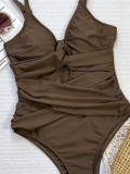 Coffee Lace-Up Deep V One-Piece Swimsuit