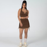 Women Stretch sexy v-neck Top and drawstring Solid Skirt two-piece set