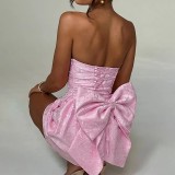 Women's Summer Solid Color Jacquard Strapless Bow Party Dress