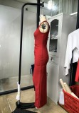 Asymmetric Straps High Slit Ruffled Long Dress