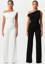 Women's Spring Summer Slash-Shoulder Gathered Waist Top Loose Pants Set Women's Spring Summer Slash-Shoulder Gathered Waist Top Loose Pants Set