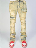 Men's Ripped Denim Cargo Straight Pants
